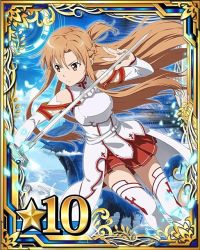 Rule 34 | 10s, 1girl, armor, asuna (sao), breastplate, brown eyes, brown hair, card (medium), detached sleeves, holding, holding sword, holding weapon, long hair, matching hair/eyes, pleated skirt, red skirt, skirt, solo, star (symbol), sword, sword art online, thighhighs, weapon, white thighhighs