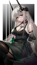 Rule 34 | 1girl, arknights, bare shoulders, black background, black choker, black dress, black thighhighs, blush, border, bracelet, breasts, choker, cleavage, closed mouth, detached sleeves, dress, earrings, garter straps, gradient background, grey background, grey hair, highres, horns, jewelry, large breasts, long hair, looking at viewer, mudrock (arknights), mudrock (obsidian) (arknights), necklace, official alternate costume, outside border, red eyes, see-through, short sleeves, sitting, smile, solo, srpzk, thighhighs, very long hair, white border
