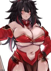 Rule 34 | 1girl, absurdres, bandeau, bare shoulders, black hair, blush, breasts, cleavage, commentary, cosplay, cowboy shot, dark-skinned female, dark skin, detached sleeves, english commentary, fate/apocrypha, fate/grand order, fate (series), hair between eyes, hand on own hip, highres, juliet sleeves, k (kuayrenaiz), kurenaiz (kuayrenaiz), large breasts, long hair, long sleeves, looking at viewer, messy hair, mordred (fate), mordred (fate/apocrypha), mordred (fate/apocrypha) (cosplay), multicolored hair, navel, original, parted lips, puffy sleeves, red hair, simple background, slit pupils, solo, stomach, streaked hair, white background, yellow eyes