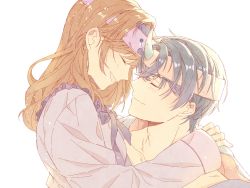 Rule 34 | 1boy, 1girl, :d, brown hair, closed mouth, forehead-to-forehead, frilled shirt, frills, headband, heads together, highres, hug, jiukuzi18797, long hair, long sleeves, marius von hagen (tears of themis), open mouth, pink shirt, purple hair, rosa (tears of themis), shirt, short hair, simple background, smile, tears of themis, white background