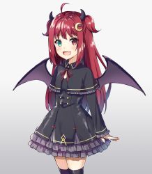 Rule 34 | 1girl, :d, bat hair ornament, black capelet, black dress, black thighhighs, blush, capelet, commentary request, cowboy shot, crescent, crescent hair ornament, demon girl, demon horns, demon wings, dress, fang, frilled capelet, frilled dress, frills, gradient background, green eyes, grey background, hair ornament, heterochromia, horns, long hair, looking at viewer, neck ribbon, nijisanji, open mouth, red eyes, red hair, red ribbon, ribbon, skindentation, smile, solo, syuurin, thighhighs, two side up, very long hair, virtual youtuber, white background, wings, yuzuki roa