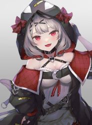 Rule 34 | 1girl, :3, animal hood, belt, black jacket, blush, bow, braid, breasts, camisole, collar, earrings, fang, grey background, grey hair, hair ornament, hand on own hip, hand up, heart collar, highres, hololive, hood, jacket, jewelry, kamakura yume, looking at viewer, medium breasts, medium hair, off-shoulder jacket, off shoulder, open mouth, orca hood, plaid, plaid bow, red eyes, sakamata chloe, smile, solo, upper body, virtual youtuber, white camisole, x hair ornament