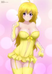 Rule 34 | 1girl, absurdres, alternate costume, barefoot, blonde hair, blush, bow, breasts, bubble background, cleavage, collarbone, fingerless gloves, garter straps, gloves, hand up, highres, large breasts, lingerie, long hair, looking at viewer, navel, neck, panties, pink background, purple eyes, roosterteeth, rwby, smile, standing, strapless, thighhighs, underwear, yang xiao long, yellow gloves, yellow panties, yellow thighhighs, zel-sama