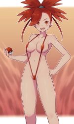 Rule 34 | 1girl, :d, areola slip, breasts, covered erect nipples, creatures (company), female pubic hair, flannery (pokemon), game freak, hand on own hip, highres, holding, holding poke ball, lamb-oic029, navel, nintendo, one-piece swimsuit, open mouth, poke ball, poke ball (basic), pokemon, pokemon oras, ponytail, pubic hair, pubic hair peek, red eyes, red hair, red one-piece swimsuit, slingshot swimsuit, smile, solo, stomach, swimsuit, v-shaped eyebrows