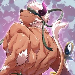 Rule 34 | 1boy, animal ears, back, bara, brown fur, bulge, camouflage, camouflage headwear, chinese zodiac, cow ears, cow horns, fluffy, foreshortening, furry, furry male, happy new year, head tilt, headband, highres, horns, lion tail, looking at viewer, looking back, male focus, mature male, minotaur, muscular, muscular male, new year, nipples, pectorals, profile, purple eyes, purple horns, shennong (housamo), short hair, smile, solo, tail, tepen (tptptpn), thick thighs, thighs, tokyo houkago summoners, underwear, underwear only, upper body, white hair, year of the ox, yin yang, yin yang print
