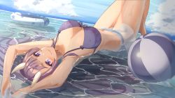 Rule 34 | 1girl, armpits, ball, beach, beachball, bikini, blue sky, blunt bangs, blush, breasts, cleavage, closed mouth, commentary, crossed legs, dutch angle, english commentary, front-tie bikini top, front-tie top, full body, highres, hime cut, horns, innertube, large breasts, long hair, looking at viewer, lying, ocean, on back, oni, oni horns, original, partially submerged, purple bikini, purple eyes, purple hair, reulem, sky, smile, solo, summer, swim ring, swimsuit