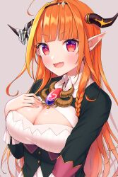 Rule 34 | 1girl, ahoge, black jacket, blonde hair, blunt bangs, blush, bow, braid, breasts, brooch, cleavage, collared shirt, diagonal-striped bow, dragon girl, dragon horns, fang, hairband, hand on own chest, highres, hololive, horn bow, horn ornament, horns, jacket, jewelry, kiryu coco, kiryu coco (1st costume), large breasts, long hair, looking at viewer, multicolored hair, open mouth, orange hair, pointy ears, purple background, red eyes, shirt, side braid, simple background, skin fang, smile, solo, streaked hair, striped, tomozu, two-tone hair, upper body, virtual youtuber, white shirt, wing collar