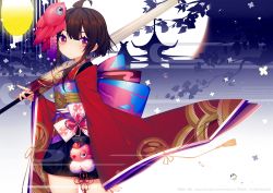Rule 34 | 1girl, architecture, brown hair, closed mouth, detached sleeves, east asian architecture, egasumi, fish hair ornament, hair ornament, holding, holding umbrella, japanese clothes, kimono, lantern, long sleeves, looking at viewer, moon, obi, original, pagoda, prophet chu, red eyes, sash, short hair, sleeves past wrists, solo, umbrella, wide sleeves