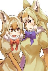 Rule 34 | 10s, 2girls, african golden wolf (kemono friends), animal ears, aranagi (arng 4401), blonde hair, blue bow, blush, bow, bowtie, fang, fur collar, gloves, golden jackal (kemono friends), highres, kemono friends, long hair, looking at another, matching outfits, multicolored hair, multiple girls, open mouth, red bow, short-sleeved sweater, short sleeves, sweater, tail, wolf ears, wolf tail