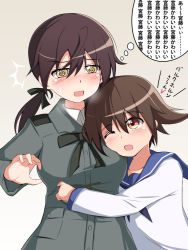 Rule 34 | 2girls, bad id, bad pixiv id, blush, breasts, brown hair, collarbone, eyebrows, gertrud barkhorn, grey background, hair ornament, hair ribbon, hug, large breasts, military, military uniform, miyafuji yoshika, momomi patricia, multiple girls, one eye closed, open mouth, ribbon, shiny skin, short hair, simple background, smile, strike witches, sweat, translation request, uniform, wavy mouth, world witches series, yellow eyes, yuri