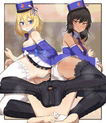 Rule 34 | 1boy, 2girls, andou (girls und panzer), armpit crease, ass, ass-to-ass, bare shoulders, barefoot, black footwear, black hair, blonde hair, blue bow, blue bowtie, blue dress, blue eyes, blue headwear, blue necktie, blue sleeves, blur censor, blush, boots, bow, bowtie, breasts, brown eyes, censored, cleavage, cooperative footjob, dark-skinned female, dark skin, detached collar, detached sleeves, dress, eyelashes, footjob, girls und panzer, hair between eyes, hat, kikimifukuri, knee boots, knees together feet apart, large breasts, licking lips, long hair, looking at another, medium hair, military hat, multiple girls, necktie, oshida (girls und panzer), panties, penis, shoejob, skindentation, steaming body, sweatdrop, thighhighs, thighs, tongue, tongue out, underwear, white panties, white thighhighs