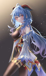 Rule 34 | 1girl, ahoge, bare shoulders, bell, black gloves, black pantyhose, blue hair, bodystocking, bodysuit, breasts, chinese knot, detached sleeves, flower knot, from side, ganyu (genshin impact), genshin impact, gloves, gold trim, highres, horns, long hair, looking at viewer, low ponytail, medium breasts, neck bell, pantyhose, patpang, pelvic curtain, purple eyes, sidelocks, solo, thighlet, vision (genshin impact), white sleeves