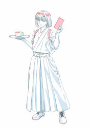 Rule 34 | 1boy, :d, blunt bangs, bob cut, boots, bowl, chamisuke, clipboard, cross-laced footwear, food, fruit, hakama, hakama skirt, hands up, highres, hikaru no go, holding, holding tray, japanese clothes, kimono, lace-up boots, looking at viewer, male focus, monochrome, open mouth, simple background, skirt, smile, solo, spoon, spot color, standing, tasuki, touya akira, tray, waiter, wide sleeves