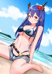 Rule 34 | 1girl, absurdres, arknights, bare arms, bare legs, bare shoulders, bikini, black bikini, blue hair, blue nails, blue sky, blush, breasts, ch&#039;en (arknights), ch&#039;en the holungday (arknights), ch&#039;en the holungday (elite ii) (arknights), cloud, commentary, day, dragon horns, dutch angle, flower, grey shorts, hair between eyes, hair flower, hair ornament, highres, horns, large breasts, long hair, looking at viewer, micro shorts, nail polish, navel, ocean, official alternate costume, parted lips, ps rinsu, red eyes, red flower, shorts, sitting, sky, solo, stomach, swimsuit, toenail polish, toenails, wading, wariza, water