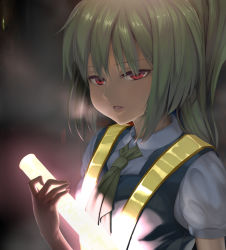 Rule 34 | 1girl, alternate eye color, cookie (touhou), daiyousei, glowing, green hair, high-visibility vest, highres, hinase (cookie), long hair, looking at viewer, parted lips, puffy short sleeves, puffy sleeves, red eyes, short sleeves, side ponytail, sinzen, solo, touhou, upper body
