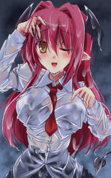 Rule 34 | 1girl, black bra, blush, bra, breasts, demon tail, head wings, koakuma, lace, lace-trimmed bra, lace trim, large breasts, long hair, necktie, one eye closed, open mouth, pointy ears, red hair, red necktie, see-through, shirt, sketch, solo, tail, touhou, underwear, untucked shirt, wet, wings, yamu (reverse noise)