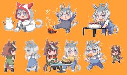 Rule 34 | !, +++, + +, 2girls, ?, ^^^, ahoge, animal ears, baby, banana, bib, blue eyes, bowl, brown hair, bug, cake, carrot, chair, cicada, commentary request, drooling, eighth note, food, fruit, green hair, grey hair, horse ears, horse girl, horse tail, insect, jitome, kusanagi kaoru, motion lines, multicolored hair, multiple girls, multiple views, musical note, oguri cap (umamusume), open mouth, orange background, overalls, ponytail, purple eyes, running, shoes, simple background, sitting, snow, snowman, sparkle, spoon, standing, streaked hair, stuffed animal, stuffed lion, stuffed toy, symboli rudolf (umamusume), table, tail, triangle mouth, two-tone hair, umamusume, v-shaped eyes, aged down