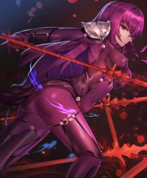 Rule 34 | 1girl, absurdres, armor, ass, bodysuit, breasts, clyde s, covered erect nipples, dual wielding, fate/grand order, fate (series), feet out of frame, from side, gae bolg (fate), highres, holding, holding polearm, holding weapon, lance, large breasts, long hair, pauldrons, polearm, purple bodysuit, purple hair, red eyes, revision, scathach (fate), shoulder armor, sidelocks, solo, weapon