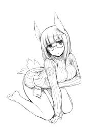 Rule 34 | 1girl, animal ears, bottomless, breasts, glasses, greyscale, head wings, heidimarie w. schnaufer, kinniku tarou, large breasts, monochrome, ribbed sweater, simple background, solo, source request, strike witches, sweater, tail, white background, wings, world witches series