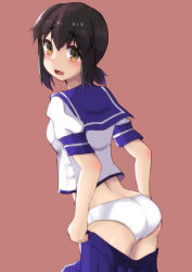 Rule 34 | 10s, 1girl, arched back, ass, black hair, blue skirt, blush, breasts, brown eyes, butt crack, clothes pull, fubuki (kancolle), kantai collection, looking at viewer, looking back, low ponytail, misaho mi, no pants, open mouth, panties, pleated skirt, ponytail, school uniform, serafuku, short ponytail, short sleeves, simple background, skirt, skirt pull, small breasts, solo, underwear, undressing, white panties
