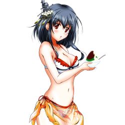 Rule 34 | 10s, 1girl, :o, adosan, angry, bikini, black hair, blush, bowl, breasts, cleavage, food, from side, hair ornament, kantai collection, large breasts, looking at viewer, mikuri ouda, navel, red eyes, sarong, see-through, shaved ice, short hair, side-tie bikini bottom, simple background, solo, spoon, swimsuit, white background, yamashiro (kancolle)