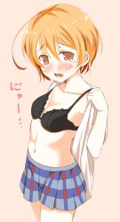 Rule 34 | 10s, 1girl, :o, ahoge, bad id, bad pixiv id, belly, black bra, blue skirt, blush, bra, breasts, brown eyes, cleavage, collarbone, cowboy shot, fang, from side, hair between eyes, hoshizora rin, looking at viewer, love live!, love live! school idol project, midriff, miniskirt, navel, open clothes, open mouth, open shirt, orange hair, pink background, plaid, plaid skirt, pleated skirt, school uniform, shirt, short hair, short sleeves, simple background, skirt, small breasts, solo, sound effects, standing, stomach, tearing up, tears, text background, tipii, underwear, undressing