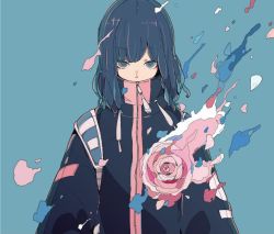 Rule 34 | 1girl, backpack, bag, black jacket, blue bag, blue hair, commentary request, covered mouth, daisukerichard, flat color, flower, green background, high collar, jacket, long sleeves, looking at viewer, medium hair, original, rose, simple background, solo, upper body, zipper