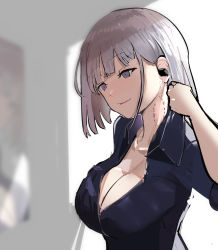 Rule 34 | 1girl, alternate costume, arm up, bite mark, breasts, cleavage, closed mouth, collarbone, earpiece, girls&#039; frontline, grey hair, highres, large breasts, lips, looking down, medium hair, purple eyes, purple shirt, rpk-16 (girls&#039; frontline), rpk-16 (renate) (girls&#039; frontline), shirt, short sleeves, simple background, smile, solo, solokitsune, upper body