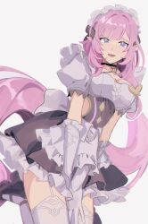Rule 34 | 1girl, absurdres, between legs, breasts, cleavage, elbow gloves, elysia (honkai impact), elysia (miss pink elf) (honkai impact), garter straps, gloves, hand between legs, high heels, highres, honkai (series), honkai impact 3rd, large breasts, long hair, looking at viewer, maid, maid headdress, medium breasts, official alternate costume, open mouth, parted lips, pink hair, revision, shoes, simple background, solo, thighhighs, uehara suiyo