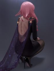 Rule 34 | 1girl, animal ears, back, back focus, backless dress, backless outfit, black dress, cape, dress, genshin impact, grey background, hand on own thigh, hidden face, high heels, highres, kneeling, long hair, long sleeves, m alexa, pantyhose, patent heels, pink hair, pumps, shadow, shoes, signature, simple background, solo, stiletto heels, thighhighs, thighs, twitter username, yae miko