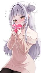 Rule 34 | 1girl, alternate costume, arched bangs, bare shoulders, blush, box, brown sweater, collarbone, commentary, flying sweatdrops, grey hair, hair bun, heart-shaped box, highres, holding, holding box, hololive, long hair, long sleeves, looking at viewer, murasaki shion, off-shoulder sweater, off shoulder, pink nails, shinonome shino (artist), simple background, single side bun, solo, sweater, symbol-only commentary, valentine, virtual youtuber, white background, yellow eyes