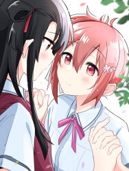 2girls black_hair blush brown_eyes closed_mouth collared_shirt commentary_request dress_shirt eye_contact hair_between_eyes hair_ornament hair_ribbon hair_rings hairclip highres holding_hands interlocked_fingers koori_chikage light_particles long_hair looking_at_another multiple_girls neck_ribbon nogi_wakaba_wa_yuusha_de_aru one_side_up pink_hair pink_ribbon red_eyes red_ribbon red_sweater_vest ribbon shirt short_hair short_ponytail short_sleeves sidelocks smile split_mouth sweater_vest takashima_yuuna white_background white_shirt yasaka_syu yuri yuusha_de_aru