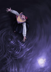 Rule 34 | 1girl, :d, blonde hair, blouse, from above, full moon, hair ribbon, kagura mizuki, looking up, moon, night, open mouth, outstretched arms, reflection, ribbon, rumia, shirt, short hair, skirt, smile, spread arms, touhou, vest, walking, walking on liquid, water