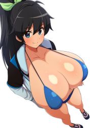 Rule 34 | 1girl, bikini, black hair, blue eyes, breasts, from above, ganaha hibiki, huge breasts, idolmaster, idolmaster (classic), jabara tornado, jacket, looking at viewer, looking up, open clothes, open jacket, ponytail, smile, solo, swimsuit, white background