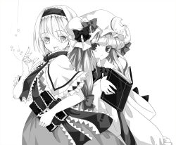 Rule 34 | 2girls, :d, alice margatroid, bad id, bad pixiv id, blunt bangs, book, bow, bowtie, capelet, carrying, crescent, crescent moon, greyscale, grimoire, grimoire of alice, hairband, hat, hat bow, holding, jewelry, monochrome, moon, multiple girls, necktie, open book, open mouth, patchouli knowledge, puppet rings, ribbon, ring, risui (suzu rks), sachi (artist), short hair, smile, star (symbol), string, touhou