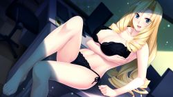 Rule 34 | 1girl, arm support, barefoot, blonde hair, blue eyes, blush, bra, breast hold, breasts, chair, cleavage, computer, drill hair, feet, female focus, from above, game (=eroge) mitai na, suteki na koi ga shitai!, game cg, groin, hadashi shoujo, highres, indoors, ino (magloid), kujou kohaku, large breasts, leg up, legs, light blush, long hair, looking at viewer, navel, open mouth, original, panties, sitting, smile, solo, table, thighs, toes, underwear, underwear only