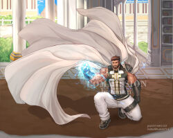Rule 34 | 1boy, aura, bara, beard, biceps, brown hair, cape, character request, check character, column lineup, commission, cross print, dungeon and fighter, energy fist, facial hair, floating cape, full body, highres, kulolin, large pectorals, leg belt, male focus, male priest (dungeon and fighter), mature male, multicolored hair, muscular, muscular male, mustache, on one knee, pants, pectorals, saint (dungeon and fighter), shirt, short hair, sidepec, sleeveless, solo, streaked hair, thick thighs, thighs, tight clothes, tight shirt, watermark, white cape, white pants