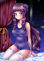 Rule 34 | 1girl, absurdres, bad id, bad pixiv id, bare shoulders, bed, bow, breasts, crescent, crescent hair ornament, crescent moon, female focus, hair bow, hair ornament, highres, indoors, kiwikyun, large breasts, long hair, moon, night, one-piece swimsuit, patchouli knowledge, purple eyes, purple hair, school swimsuit, sitting, sky, solo, star (sky), star (symbol), starry sky, swimsuit, thighhighs, touhou, white thighhighs, window