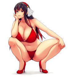 Rule 34 | 1girl, bare shoulders, bikini, black hair, breasts, breasts on lap, cleavage, closed mouth, commentary, english commentary, erkaz, hair between eyes, halterneck, hand on own cheek, hand on own face, hand on own thigh, headband, high heels, highres, huge breasts, karinka katyusha (erkaz), long hair, multicolored hair, navel, original, red bikini, red eyes, red footwear, red heels, smile, solo, squatting, streaked hair, swimsuit, thighs
