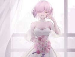 Rule 34 | 1girl, alternate costume, bare shoulders, bouquet, breasts, bridal veil, cleavage, commentary request, curtains, dress, fate/grand order, fate (series), floating hair, flower, grin, hair over one eye, highres, holding, holding bouquet, indoors, jewelry, large breasts, light purple hair, looking at viewer, mash kyrielight, necklace, one eye closed, pink flower, pink rose, rose, sakuraike, see-through, see-through cleavage, short hair, smile, solo, strapless, strapless dress, tearing up, veil, wedding dress, white dress