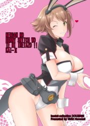 Rule 34 | 1girl, adapted costume, animal ears, breasts, brown hair, commentary request, cover, cowboy shot, fake animal ears, green eyes, headgear, highres, kantai collection, kiriki haruomi, large breasts, leotard, looking at viewer, mutsu (kancolle), one eye closed, pink background, playboy bunny, romaji text, short hair, shrug (clothing), smile, solo, white leotard, wrist cuffs