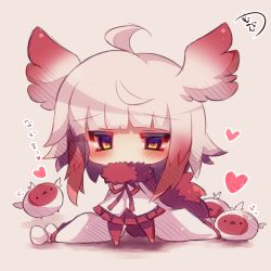 Rule 34 | 10s, 1girl, ahoge, animal, bird, blunt bangs, blush, brown eyes, chibi, closed eyes, closed mouth, crested ibis, egg, fur collar, gradient hair, grey hair, head wings, heart, japanese crested ibis (kemono friends), kemono friends, long sleeves, looking at viewer, multicolored hair, muuran, pantyhose, pleated skirt, red hair, red pantyhose, red skirt, shirt, sidelocks, signature, skirt, sleeves past fingers, sleeves past wrists, solo, standing, translation request, white shirt, wings