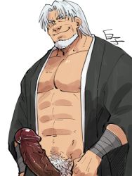 Rule 34 | 1boy, abs, bara, bare pectorals, beard, black kimono, bottomless, character request, copyright request, erection, facial hair, highres, japanese clothes, kimono, large pectorals, looking at viewer, male focus, male pubic hair, mature male, muscular, muscular male, naked kimono, nipple slip, nipples, old, old man, pectorals, penis, pubic hair, seductive smile, shirako (kirupi), short hair, sideburns, smile, solo, stomach, uncensored, veins, veiny penis, white background, wrinkled skin