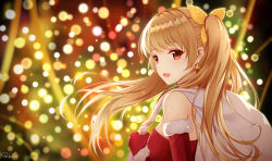 Rule 34 | 1girl, :d, armpit crease, artist name, bad id, bad pixiv id, bare shoulders, bell, blonde hair, blurry, bokeh, breasts, christmas, christmas lights, commentary request, depth of field, dress, earrings, elbow gloves, ereshkigal (fate), fate/grand order, fate (series), floating hair, fur trim, gloves, hair ornament, hand up, highres, holding, holding sack, jewelry, leaf hair ornament, long hair, looking at viewer, looking back, medium breasts, open mouth, red dress, red eyes, red gloves, rko (a470350510), sack, sidelocks, sleeveless, sleeveless dress, smile, solo, strapless, strapless dress, twintails, upper body