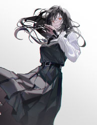 Rule 34 | 1girl, absurdres, belt, black belt, black dress, black hair, breasts, chainsaw man, collared shirt, dress, facial scar, floating hair, from below, hair between eyes, highres, long hair, long sleeves, looking at viewer, medium breasts, parted lips, pinafore dress, pleated dress, red eyes, scar, scar on cheek, scar on face, shirt, simple background, sleepless (wrysmile), sleeveless, sleeveless dress, solo, white background, white shirt, yoru (chainsaw man)