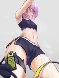 Rule 34 | 1girl, absurdres, alternate costume, armpits, blush, boyshort panties, breasts, demon tail, dolphin shorts, foreshortening, green eyes, highres, hololive, joy-con, midriff, navel, parted lips, purple hair, short hair, shorts, simple background, small breasts, solo, sports bra, steaming body, sweat, tail, therrao, tokoyami towa, virtual youtuber