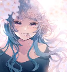 Rule 34 | 1girl, blue hair, blurry, cherry blossoms, collarbone, crying, crying with eyes open, dappled sunlight, day, depth of field, eyelashes, floating hair, flower, flower in mouth, hair flower, hair ornament, highres, long hair, looking at viewer, original, parted lips, petals, pink flower, ragi (diabolik angle), red eyes, smile, solo, sunlight, tears, upper body