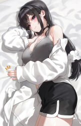 Rule 34 | 1girl, bed sheet, black choker, black shorts, blush, breasts, choker, cleavage, closed mouth, commentary request, hair ornament, hair scrunchie, highres, kfr, large breasts, long hair, long sleeves, lying, on side, original, scrunchie, shirt, shorts, smile, solo, thighs, white scrunchie, white shirt