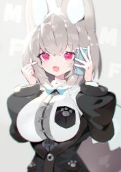 Rule 34 | 1girl, animal ears, bad id, bad twitter id, blue bow, blush, bow, bowtie, breast pocket, breasts, buttons, calling, cellphone, commentary request, fang, fox ears, grey background, highres, holding, holding phone, jacket, long sleeves, mamuru, medium hair, open mouth, original, paw print, phone, pink eyes, pocket, shirt, short eyebrows, simple background, skin fang, smartphone, solo, talking on phone, tight clothes, tight shirt, underbust, upper body, watermark, wing collar