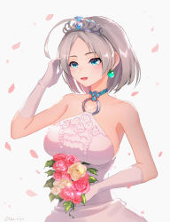 Rule 34 | 1girl, :d, ahoge, bare shoulders, blue eyes, bouquet, breasts, collarbone, dragon quest, dragon quest x, dress, earrings, elbow gloves, flower, gloves, grey hair, halter dress, halterneck, hand up, holding, holding bouquet, huge ahoge, jewelry, kz ripo, large breasts, leaf, o-ring, open mouth, parted bangs, petals, pink flower, riin (dq10), short hair, sideboob, smile, solo, tiara, twitter username, upper body, white dress, white flower, white gloves